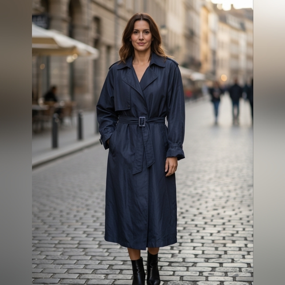 Vintage LAKEN Sport 100% Silk Trench Coat. Navy. Size Large